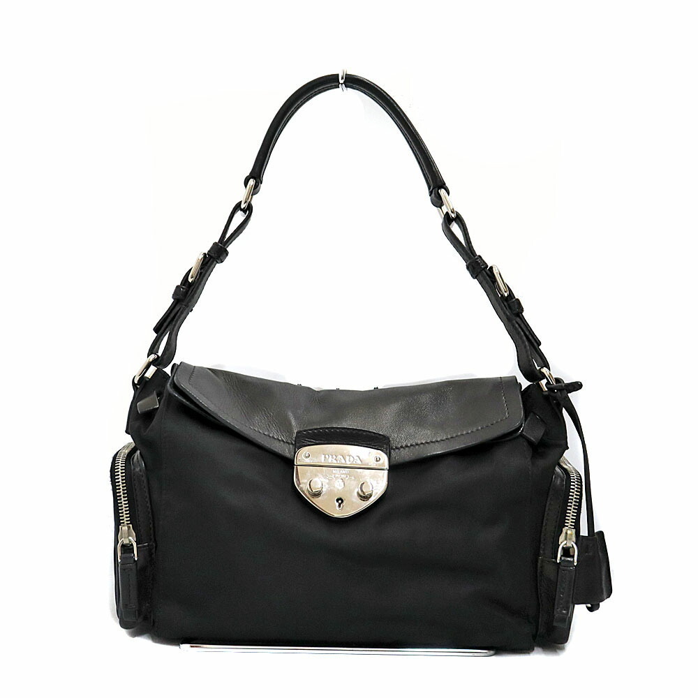 Prada One Shoulder Hobo Bag Tessuto Leather Black